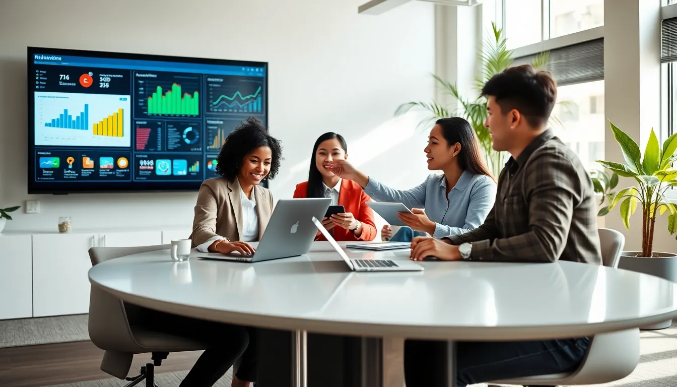 a diverse team collaborating in a modern office on Redwebzine CMS.