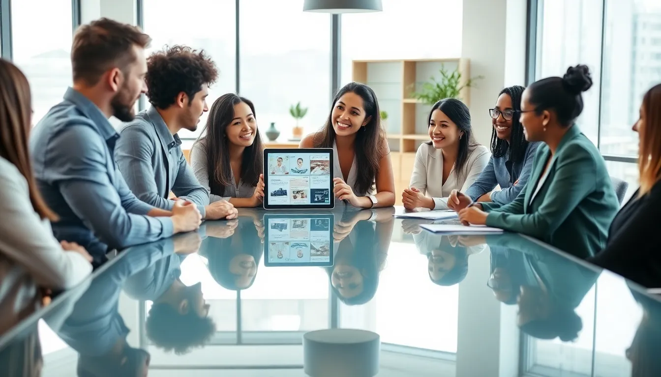 professionals discussing side hustle ideas in a modern office setting.