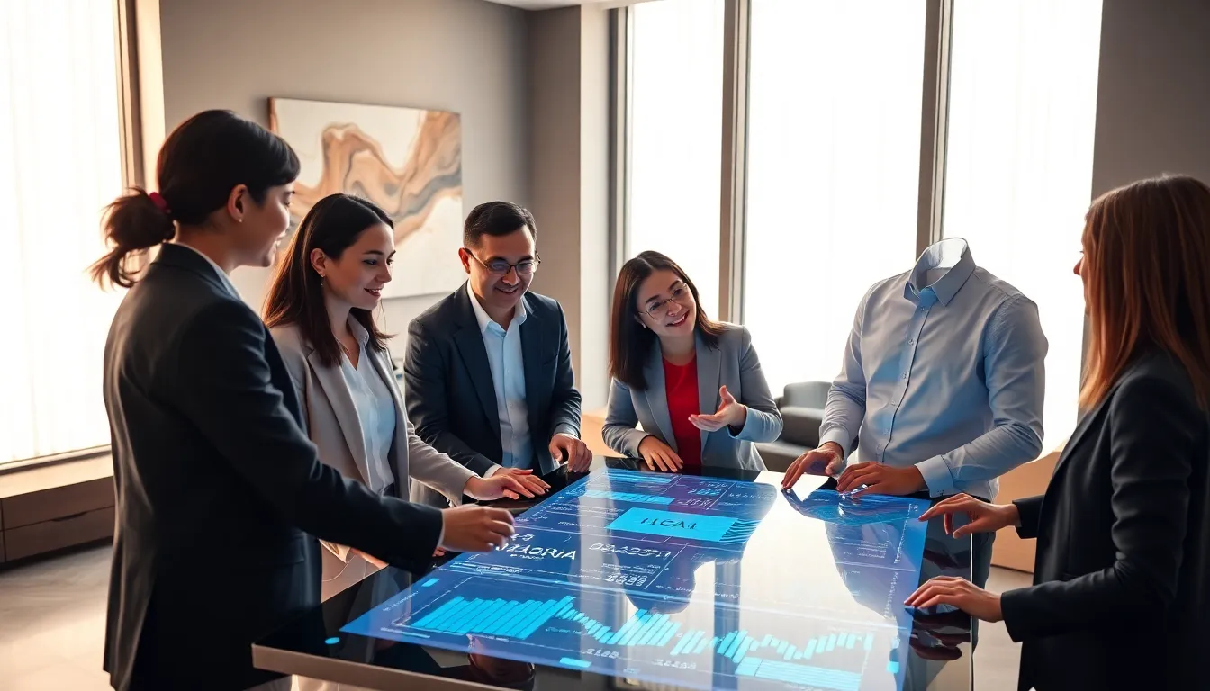 diverse professionals collaborating on blockchain technology in a modern office.