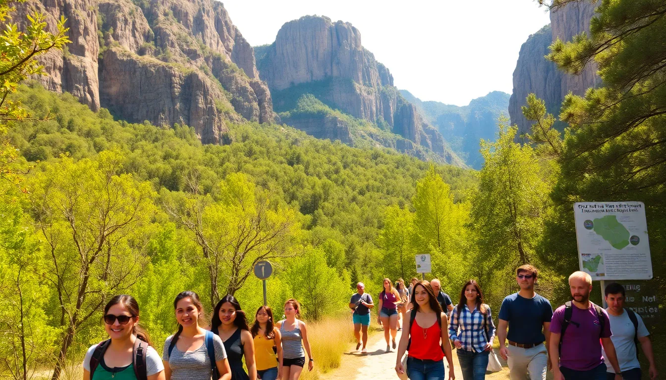 Diverse group of visitors hiking in a lush canyon landscape.