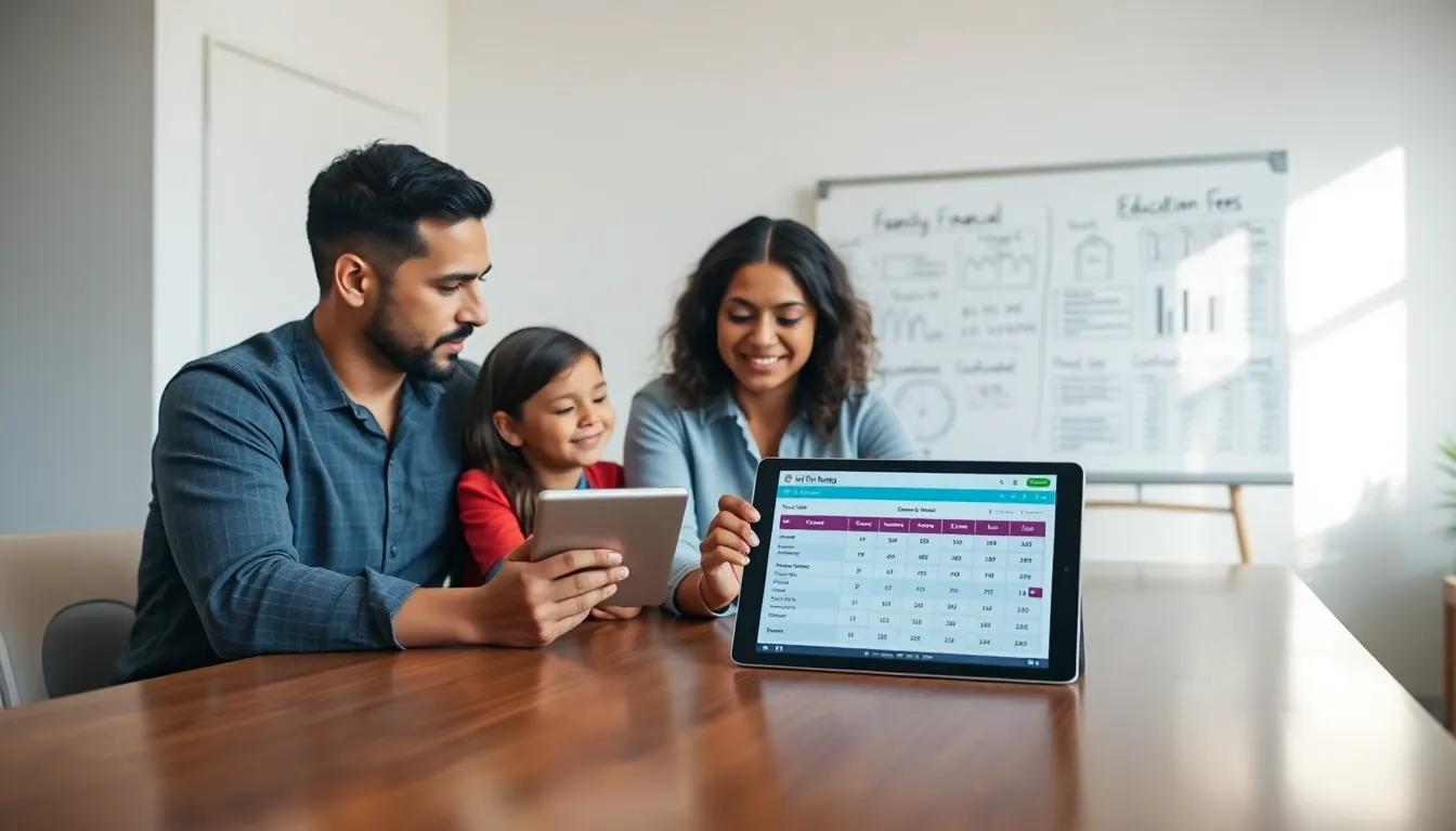 diverse family discussing finances with a fee calculator in a modern home office.