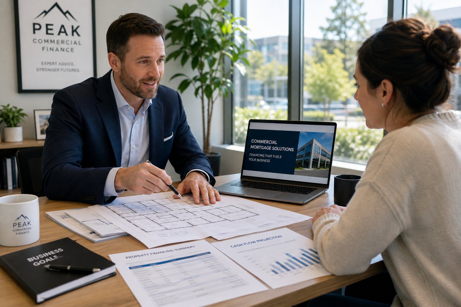 Commercial mortgage advisor meeting a business owner in a bright office with documents and a laptop.