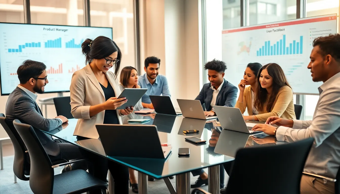 diverse team collaborating in a modern office on tech product management.