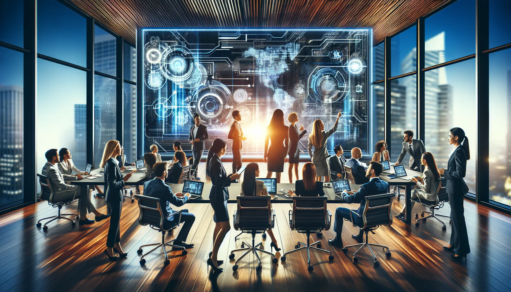 diverse professionals brainstorming future innovations in a modern conference room.