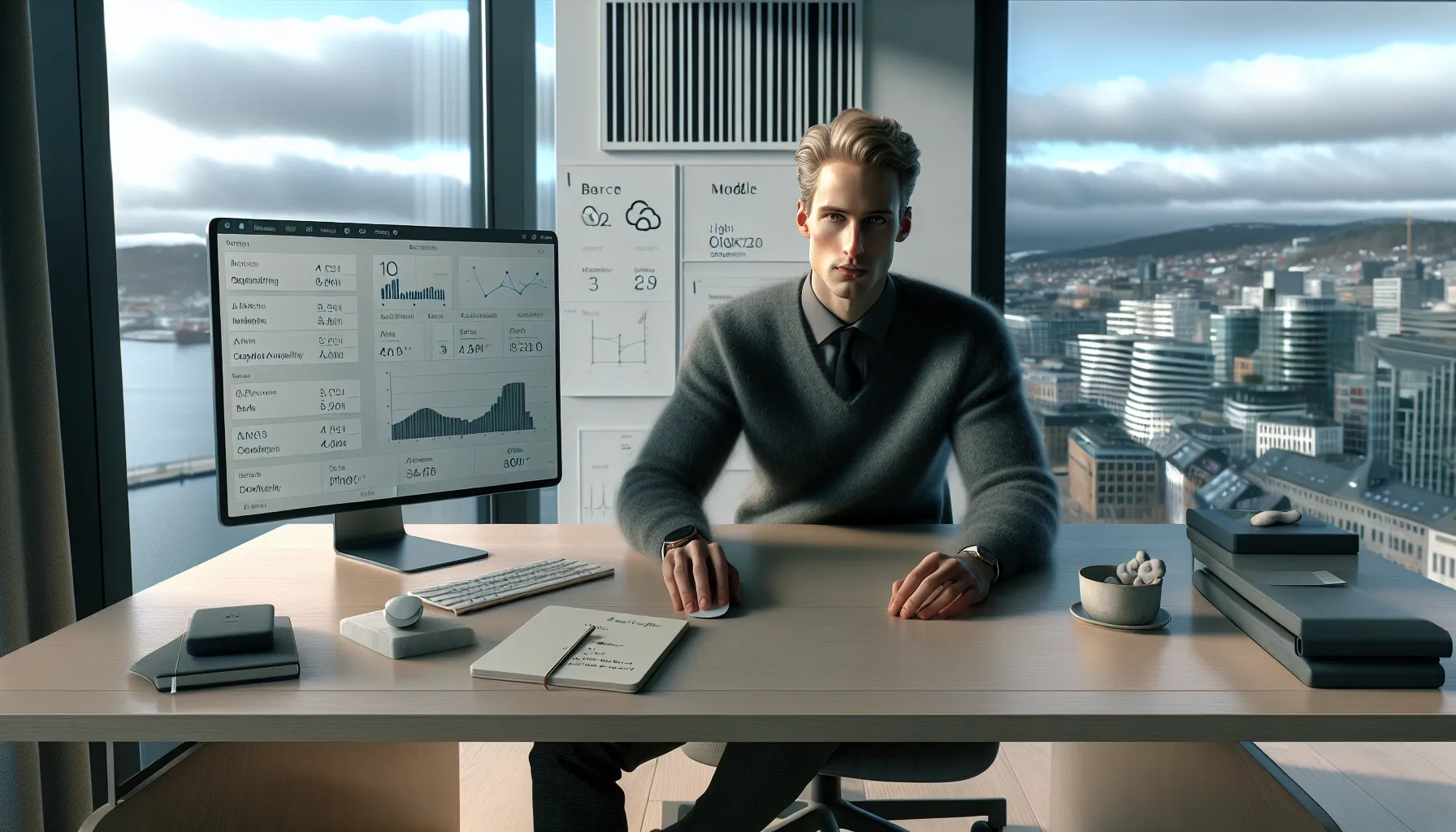 Norwegian professional reviewing cloud dashboards in a bright oslo office with winter light.