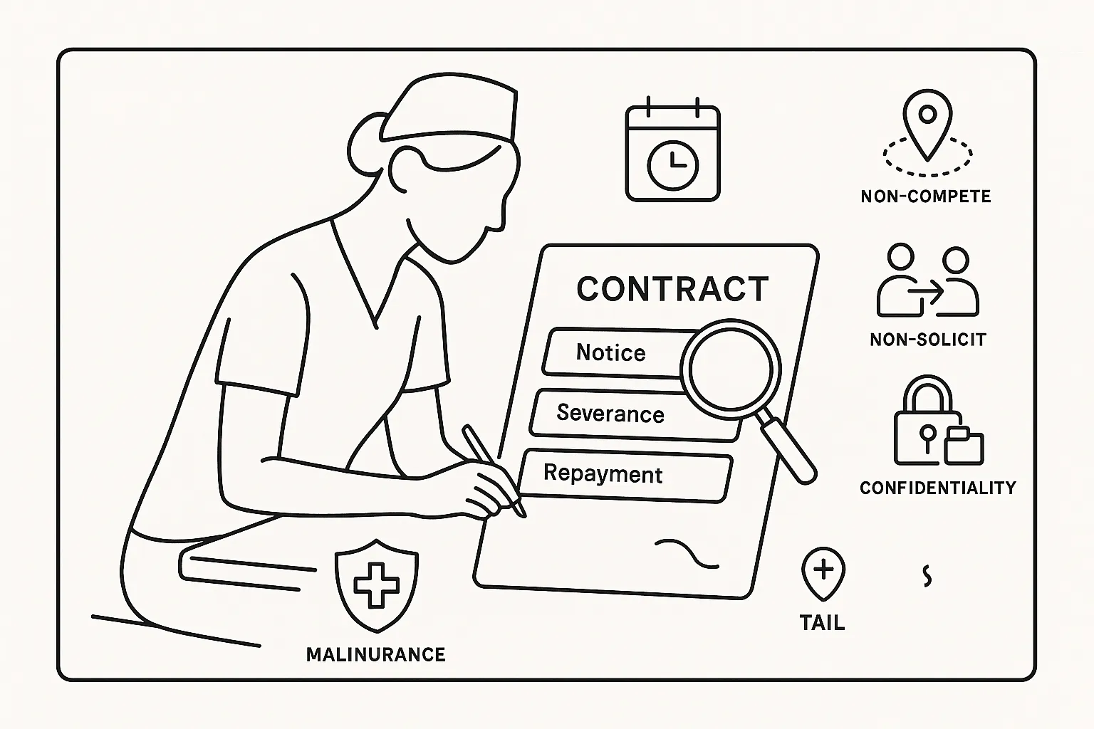 Nurse practitioner examining a contract with icons for clauses and malpractice tail.