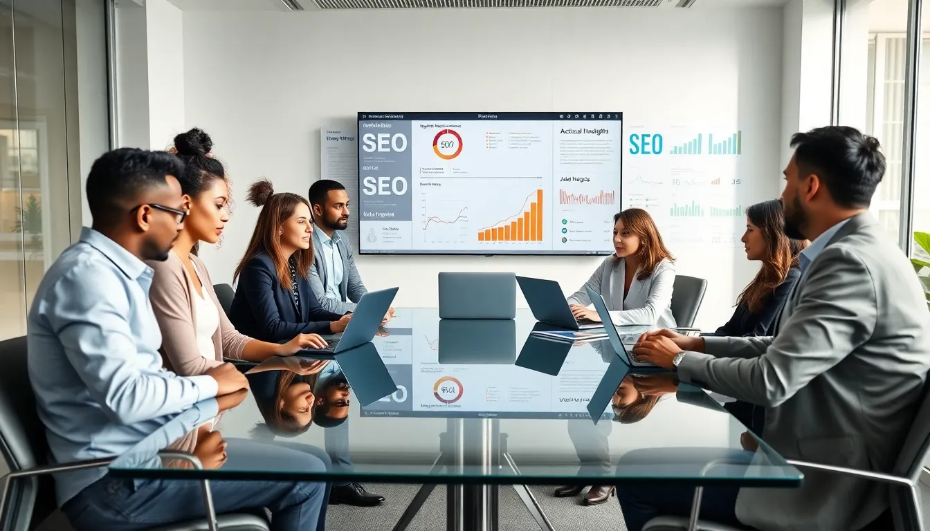 diverse professionals collaborating in a modern office on digital marketing strategies.