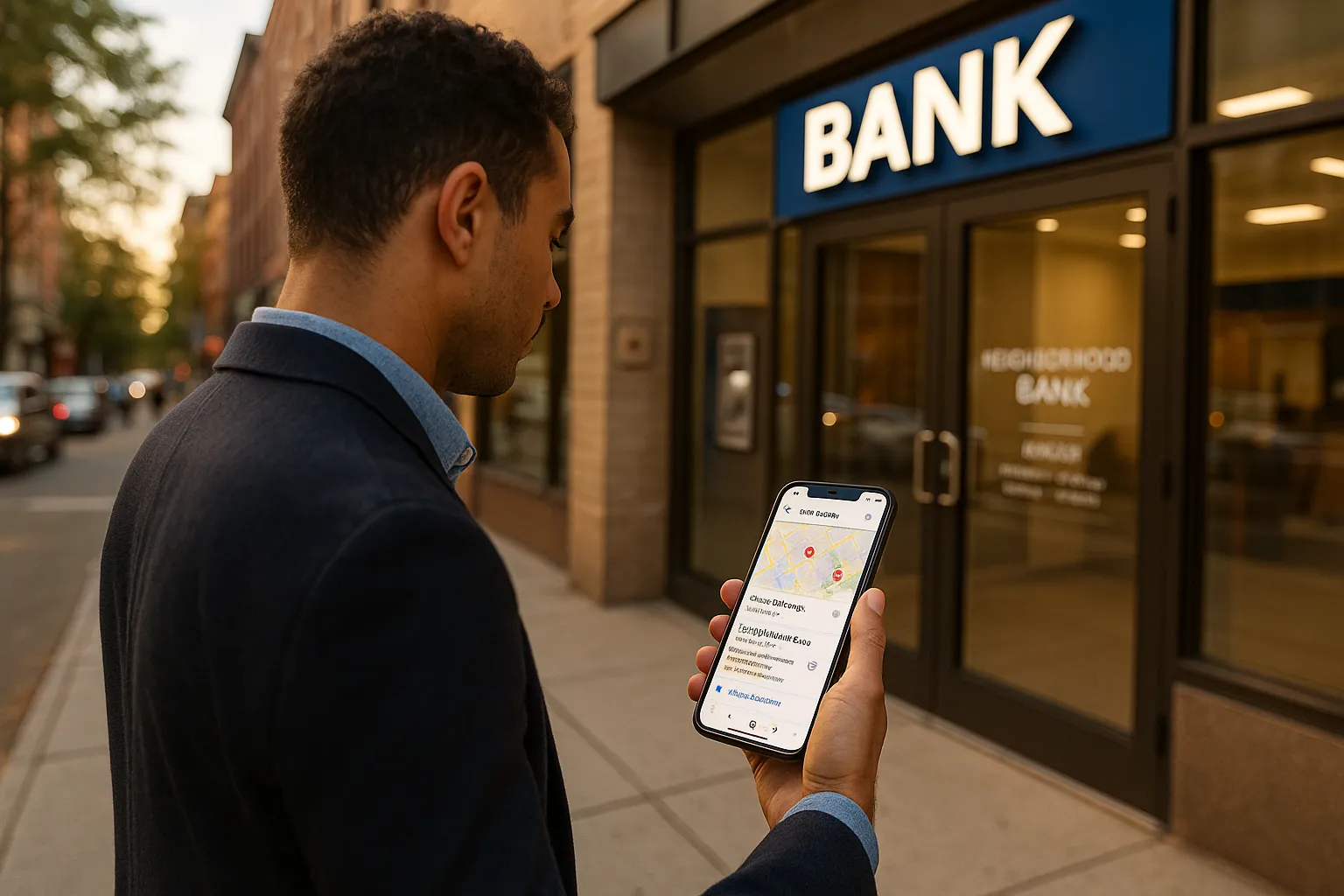 Person searching “bank near me” on smartphone outside a neighborhood bank branch.