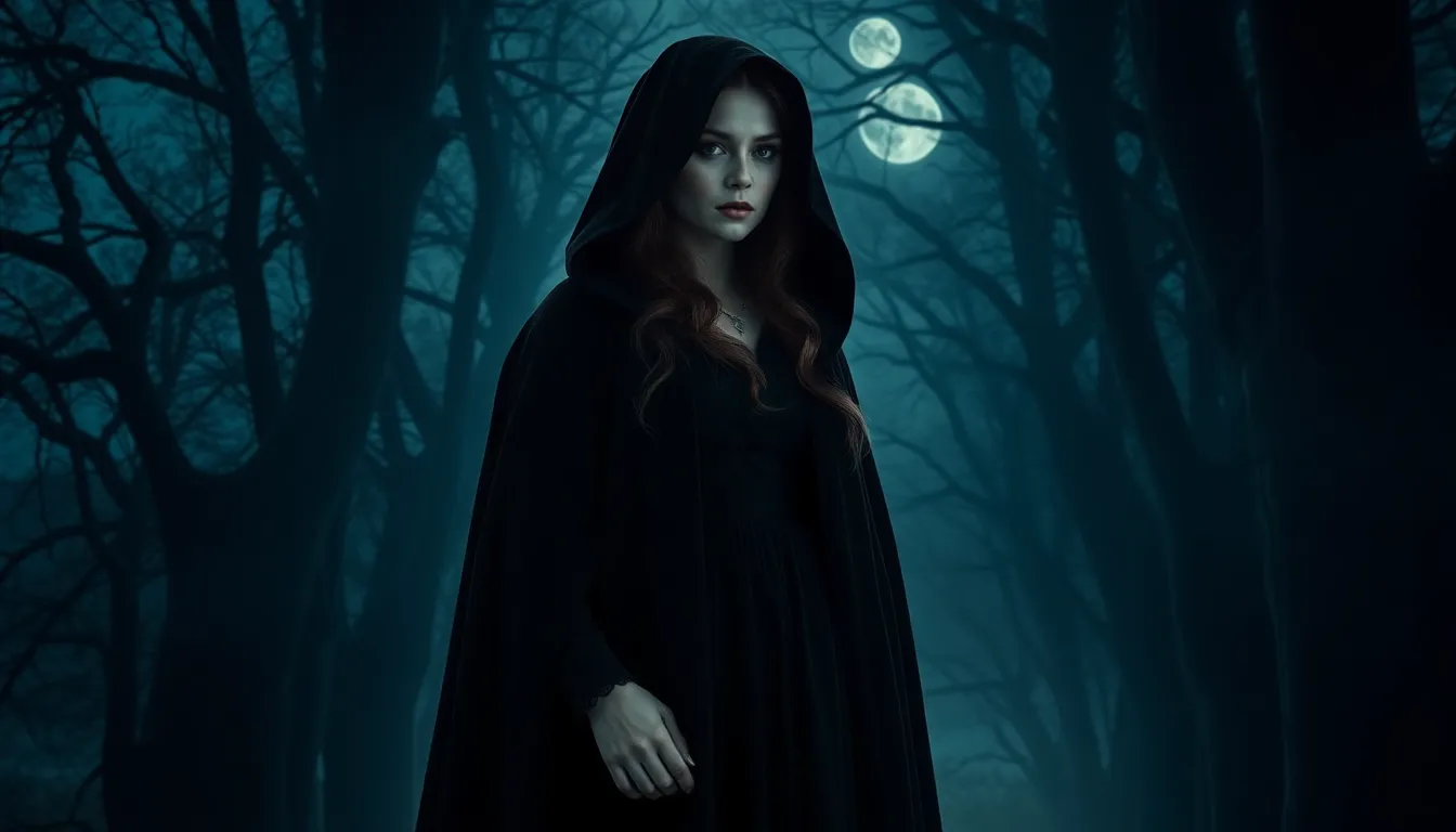 mysterious woman in aristocratic attire under moonlight.
