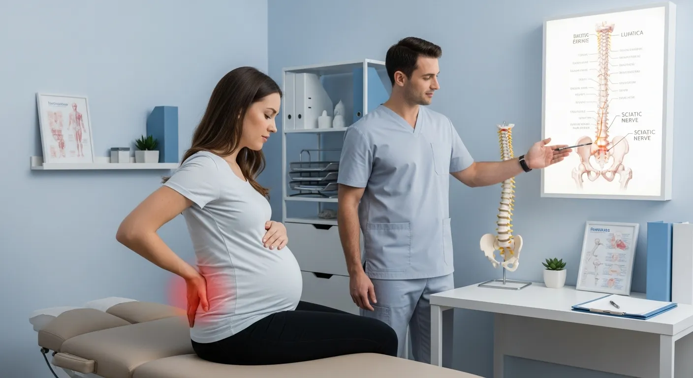 Pregnant woman with lower back pain consulting a chiropractor in a modern clinic.