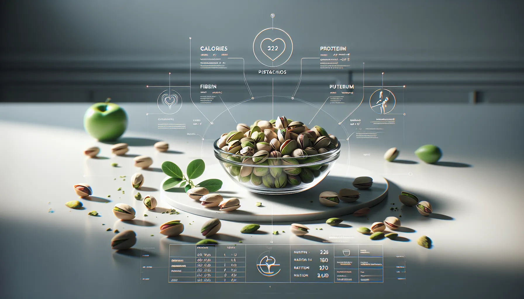 Bowl of pistachios with nutrition highlights on a modern surface.