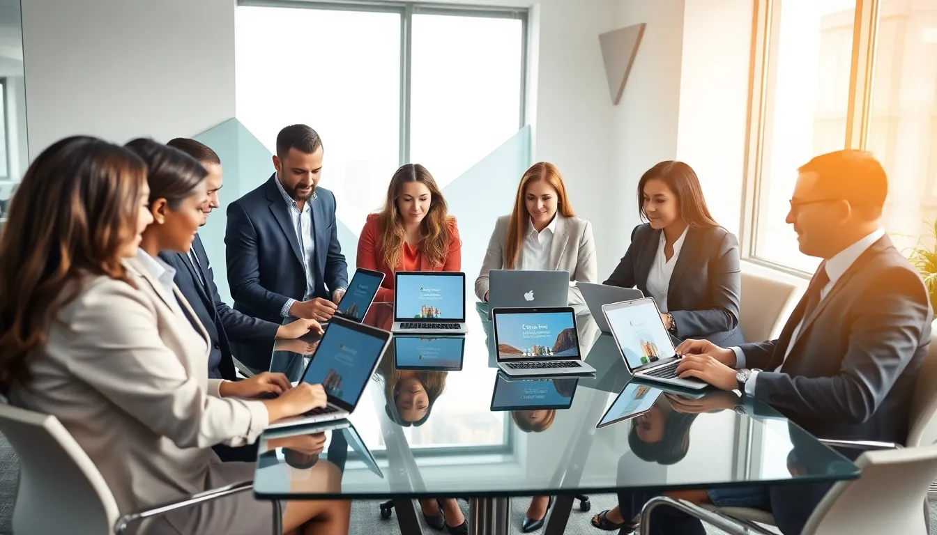 professionals collaborating on mobile apps for employee engagement in a modern office.