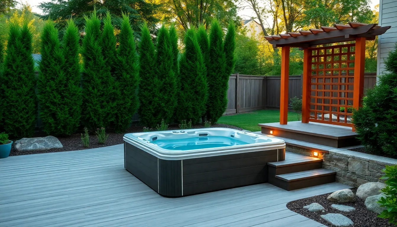 modern hot tub on a stylish deck in a landscaped backyard.