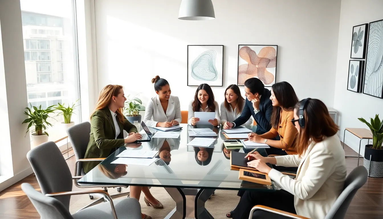 diverse group brainstorming in a modern office setting.
