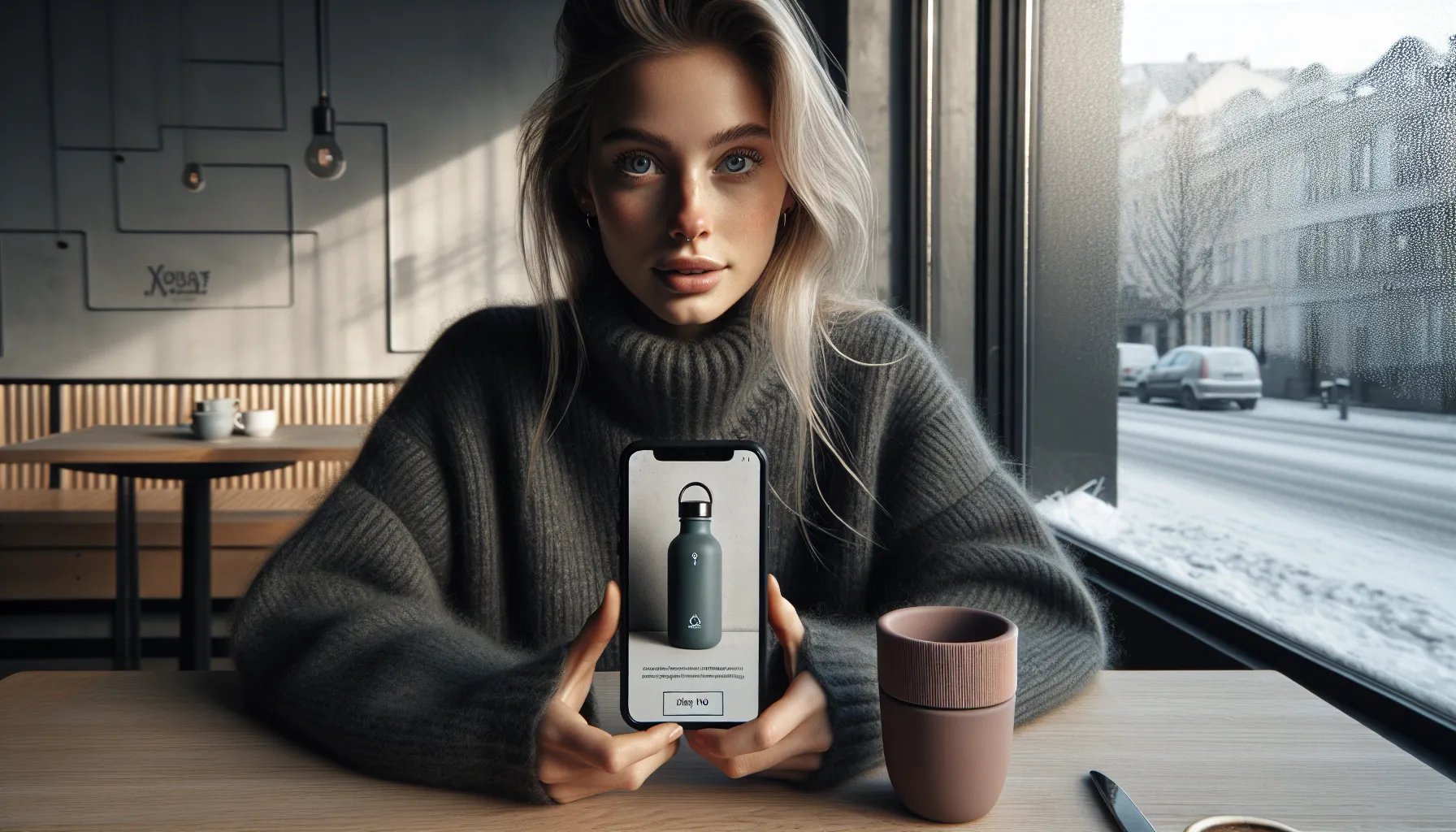 Effekten av grafisk design på forbrukeratferd: en studie 2 Woman in oslo café poised to tap a clear, trustworthy “kjøp nå” button.