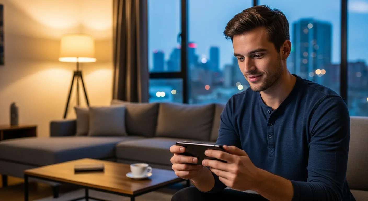 Young man playing a mobile casino game on his smartphone at home.