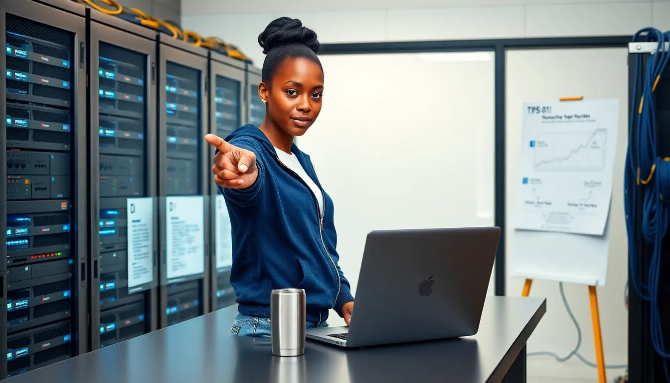 Engineer pointing at a laptop showing a database dashboard in a server room