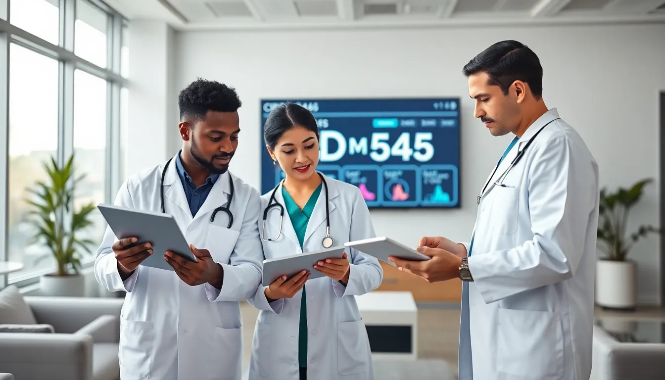 healthcare professionals discussing medical codes in a modern office.