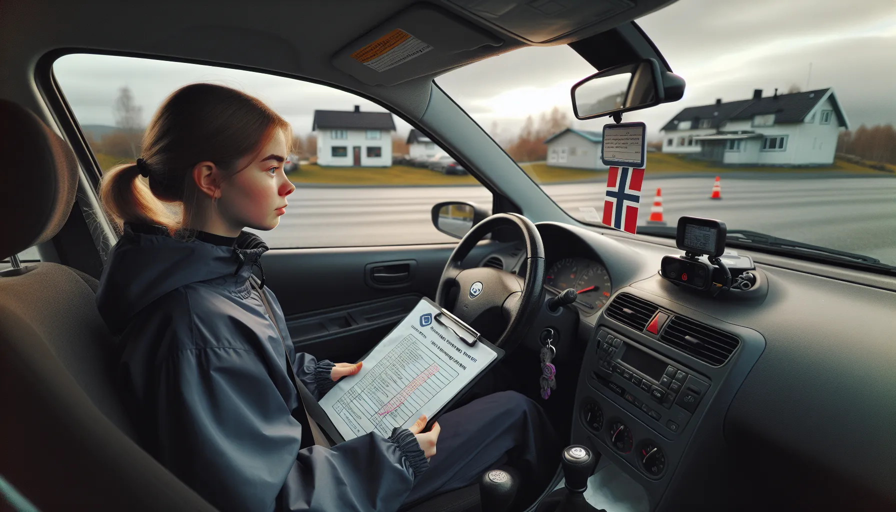 Learner driver and instructor prepare calmly near a Norwegian roundabout.