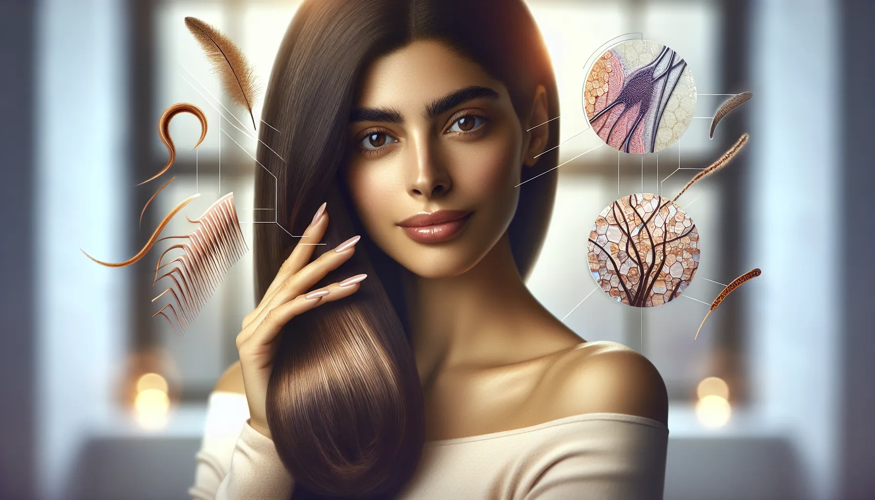 woman showing healthy hair and nails, with scientific keratin illustration in background