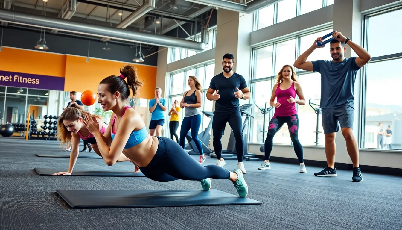 diverse individuals engaged in circuit training at a modern gym.