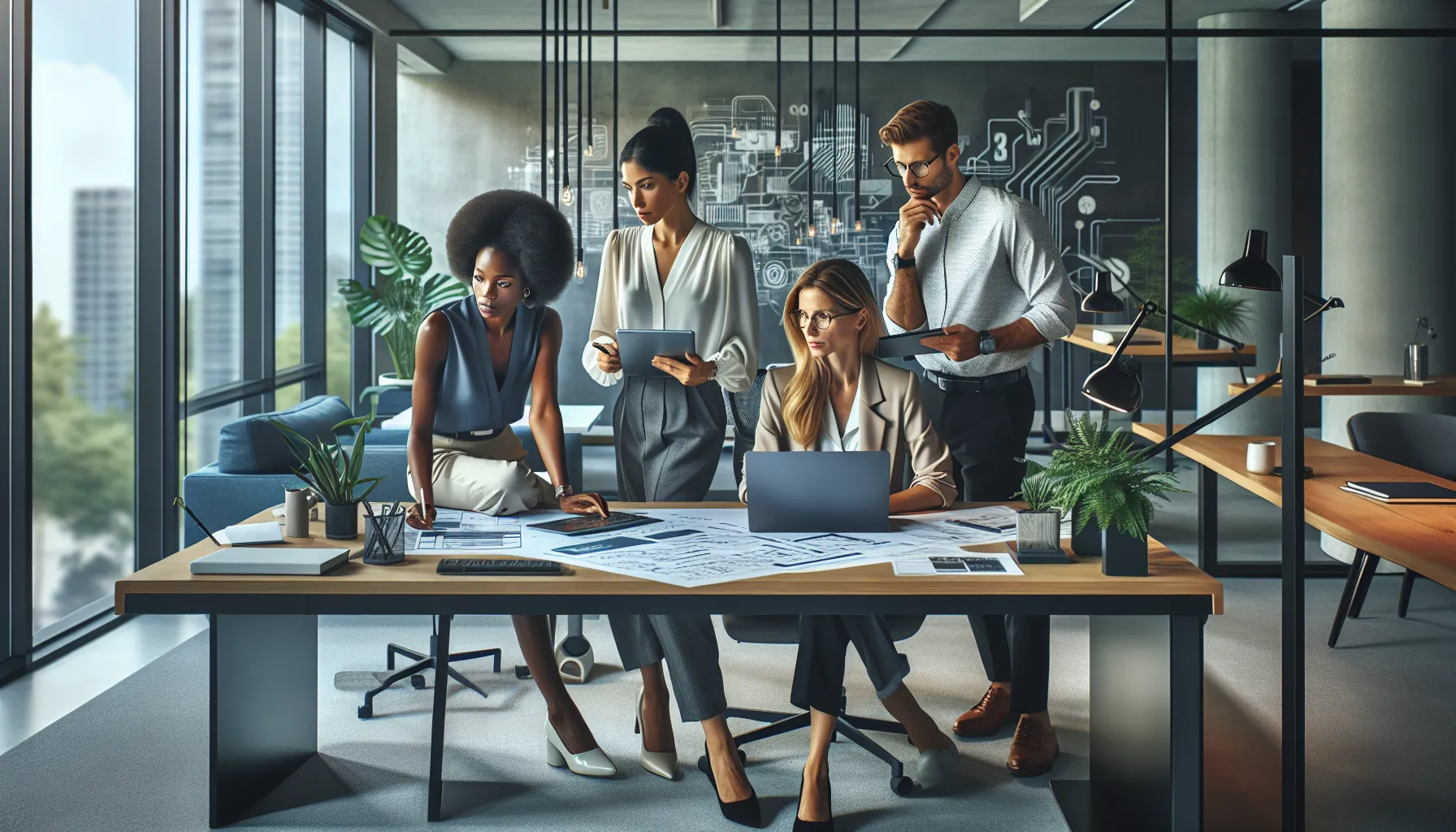 diverse team discussing solutions in a modern office setting.