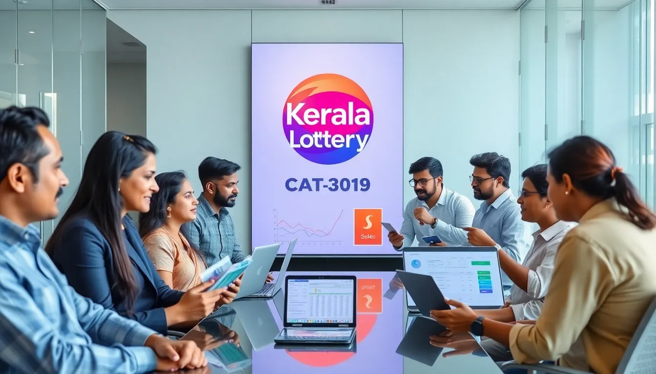 diverse professionals discussing Keralalottery results in a modern office.