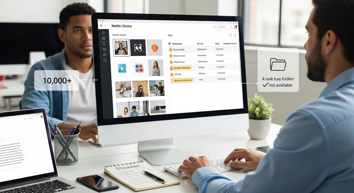 Professional reviewing WordPress Media Library, highlighting search limits and missing folders.