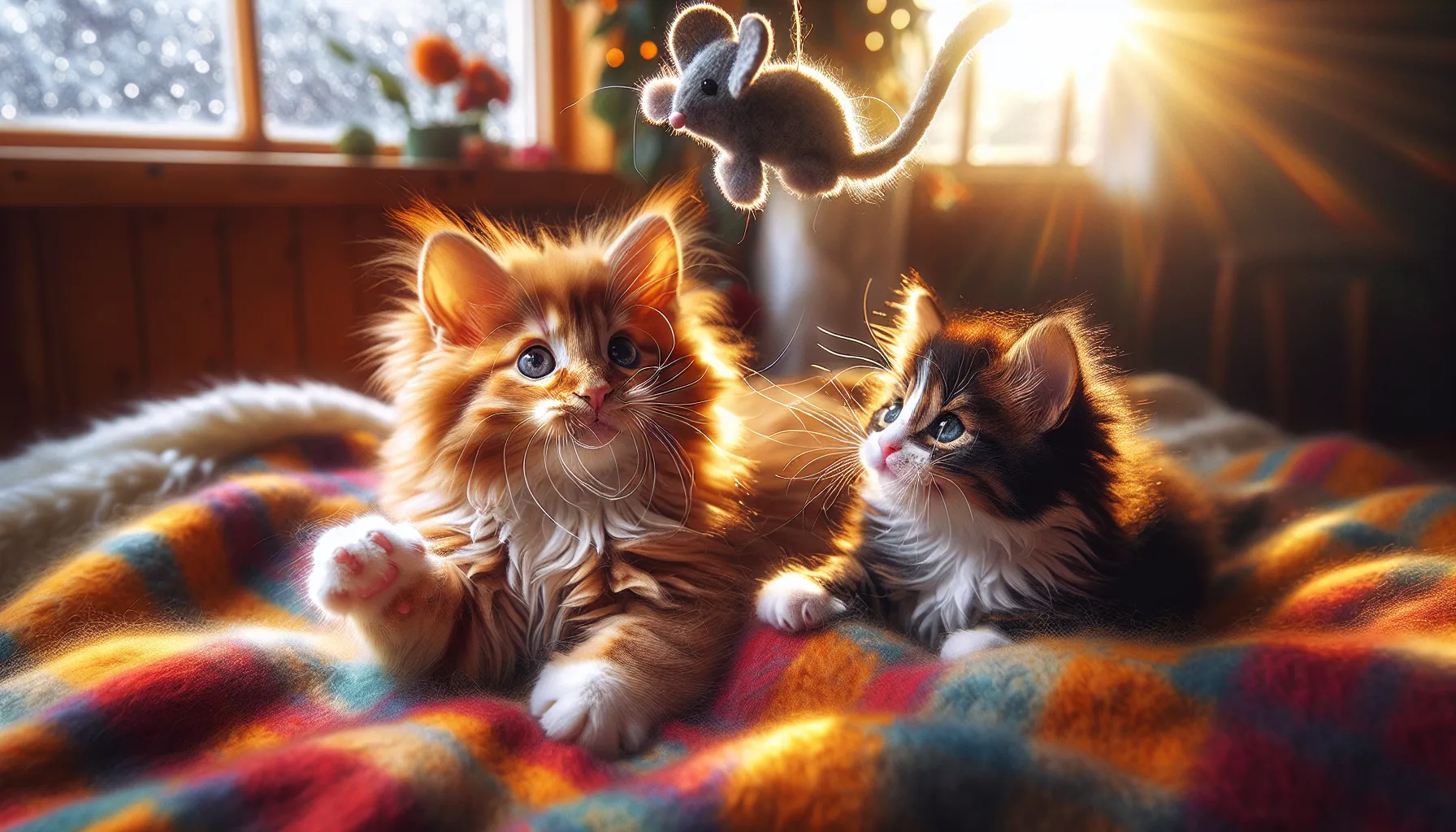 a male orange tabby and a female tuxedo kitten playing on a blanket.