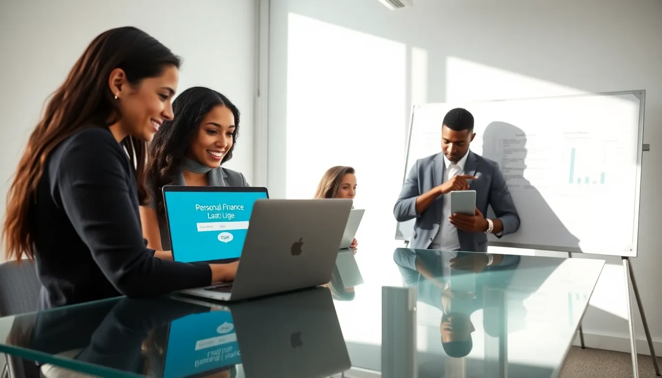 diverse professionals engaged with personal finance learning tools in an office setting.