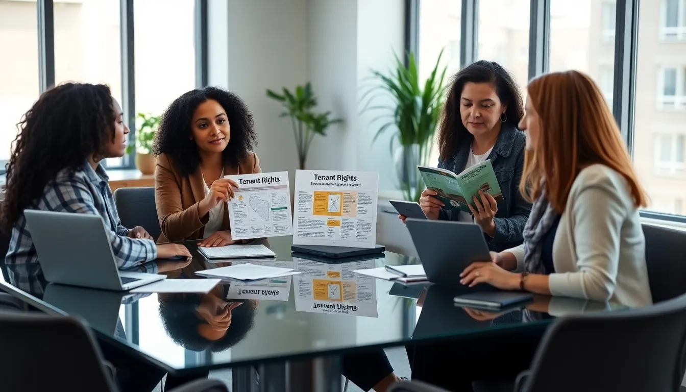 diverse group discussing tenant rights in a modern office setting.