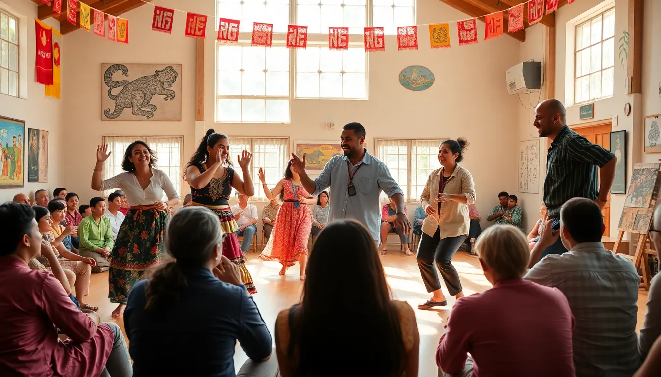 performers engaging in Dochidochico dance in a community hall.