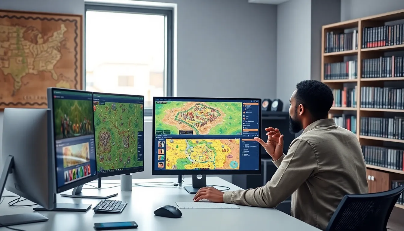 professionals discussing gaming scenarios in a modern office.