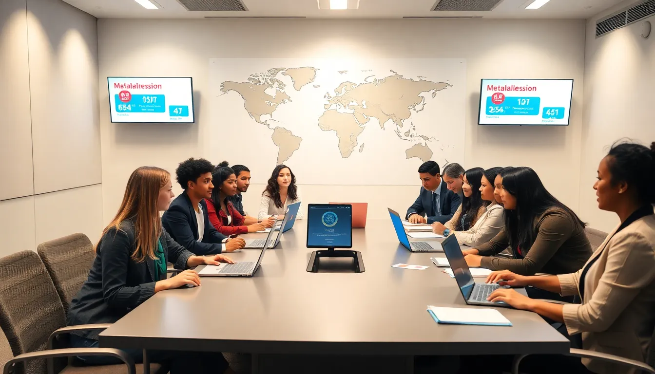 diverse students discussing global affairs in a modern classroom.