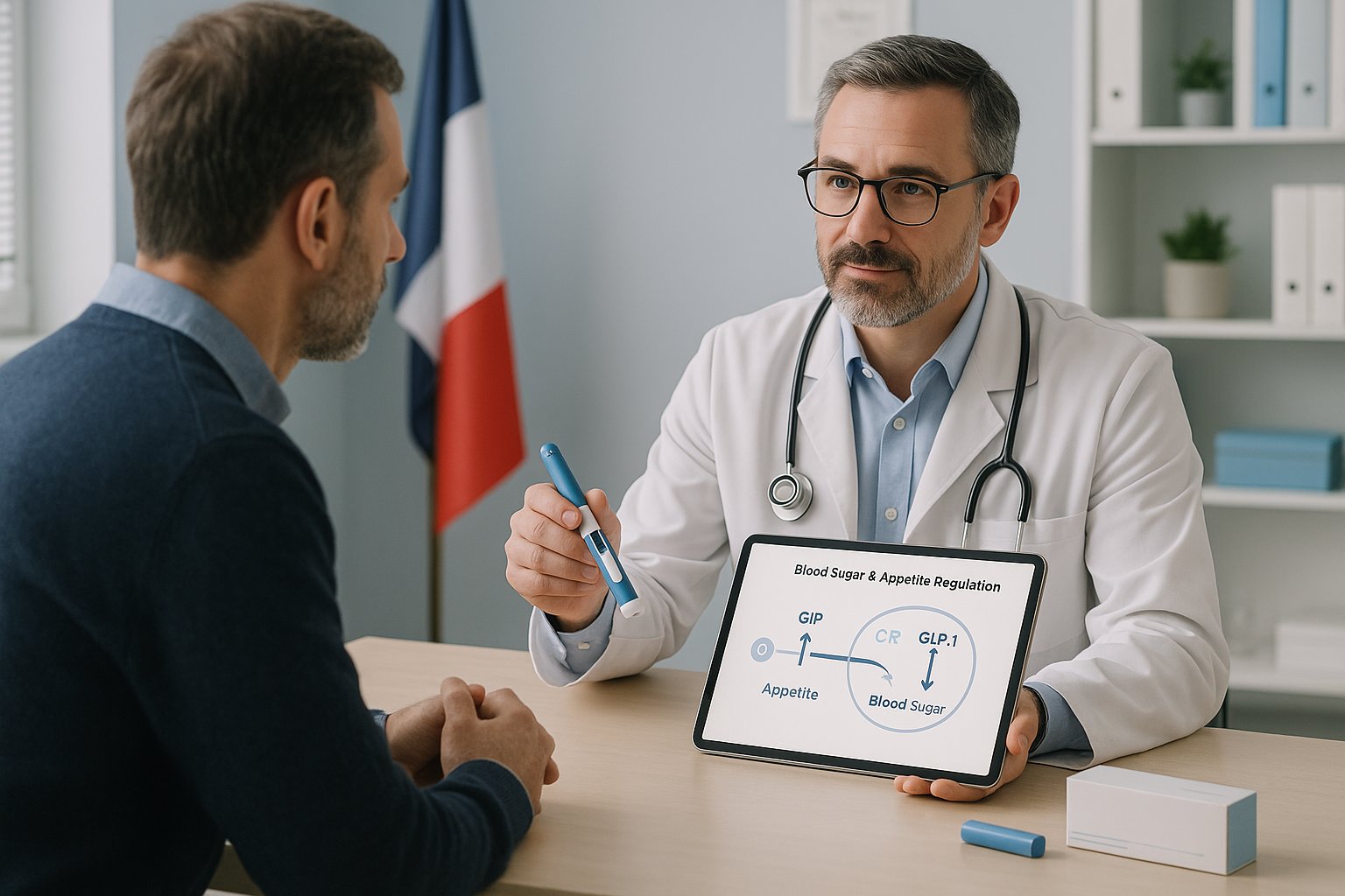 Doctor explaining Mounjaro treatment to a patient in a modern clinic.