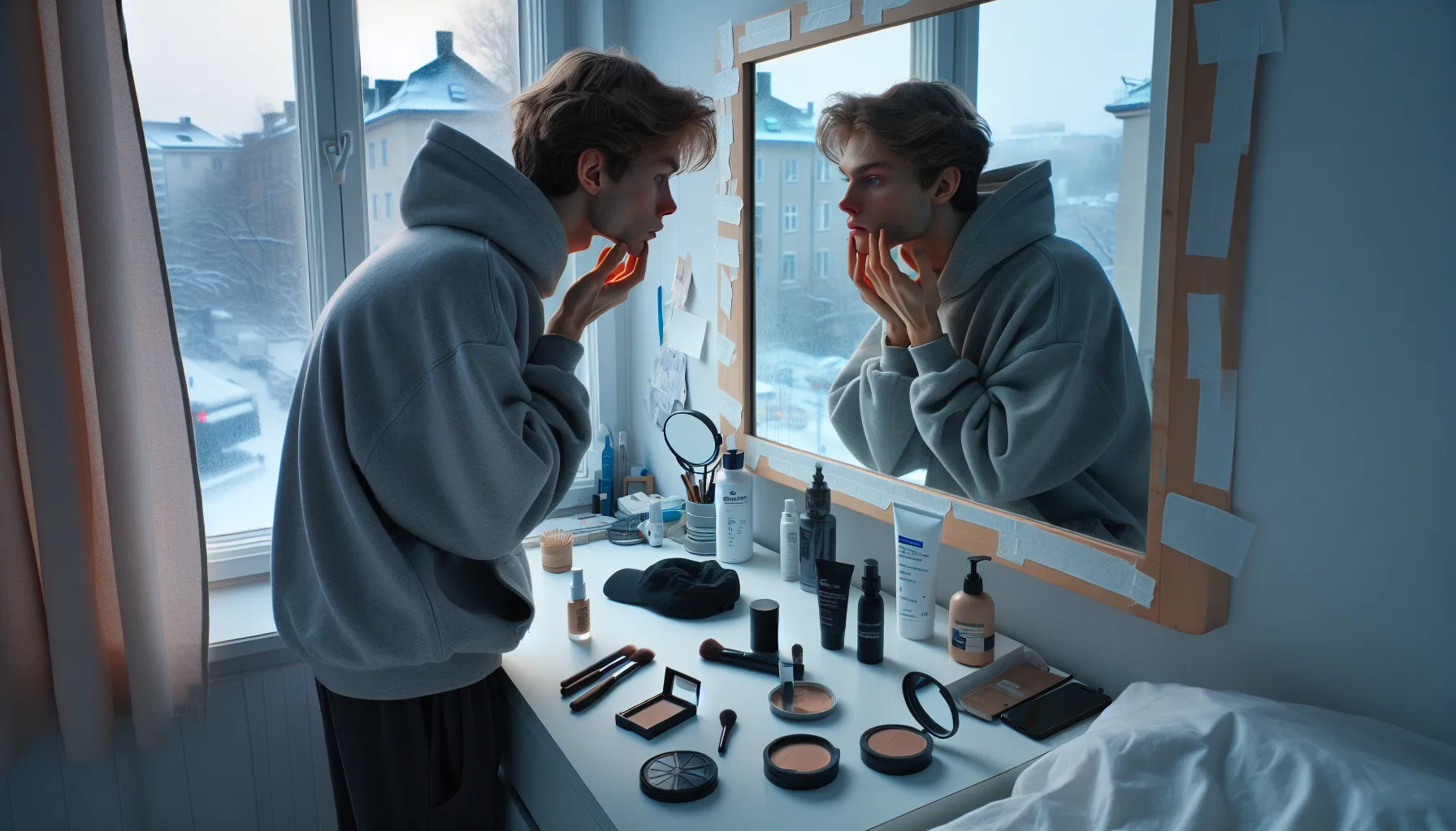 Kroppsdysmorfisk lidelse (bdd): når fokuset på utseendet blir en besettelse 3 Young adult scrutinizes half-covered mirror, cosmetics scattered, laptop camera off nearby.