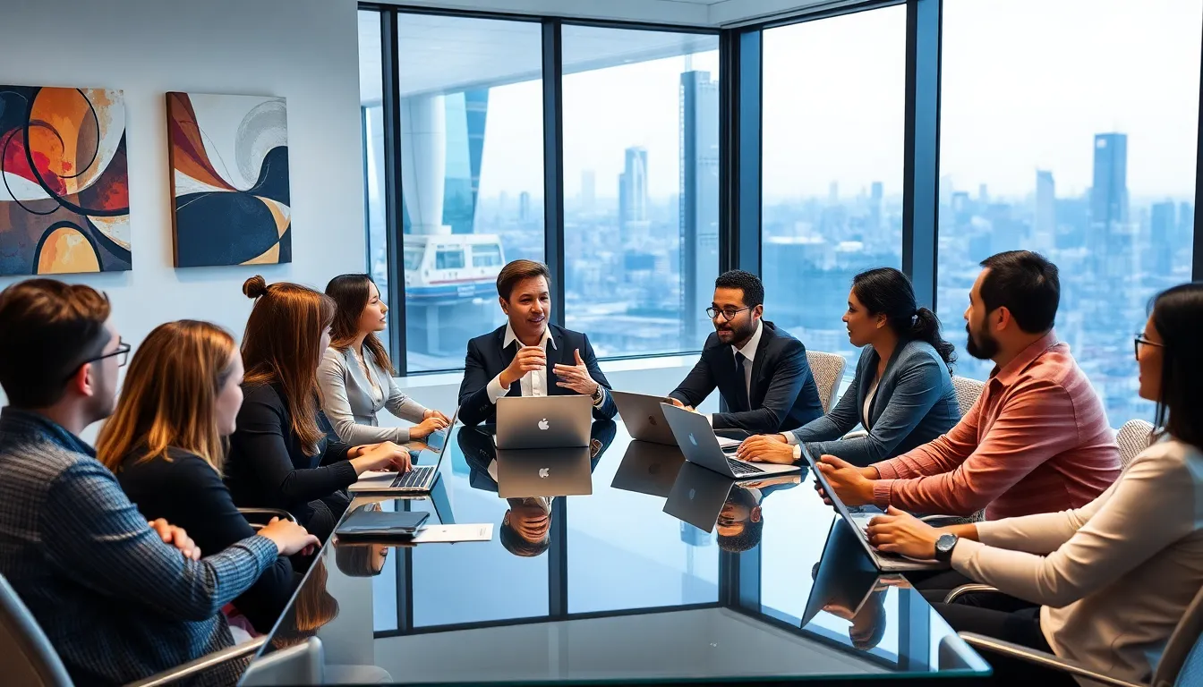 professionals discussing cultural concepts in a modern office setting.