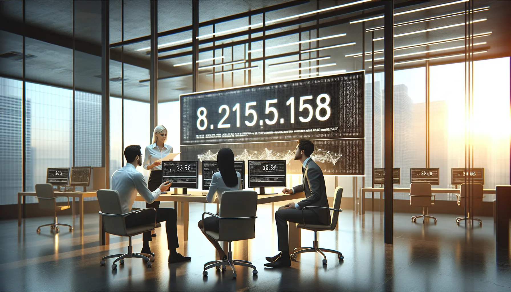 Professionals discussing the concept of IP addresses at a modern workspace.