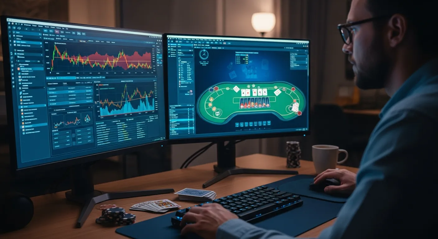 Data analyst running poker hand simulations on multiple computer monitors.