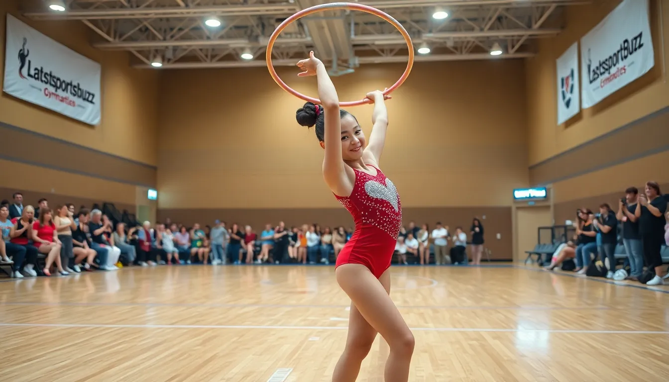 a rhythmic gymnast performing with a hoop in a competition.