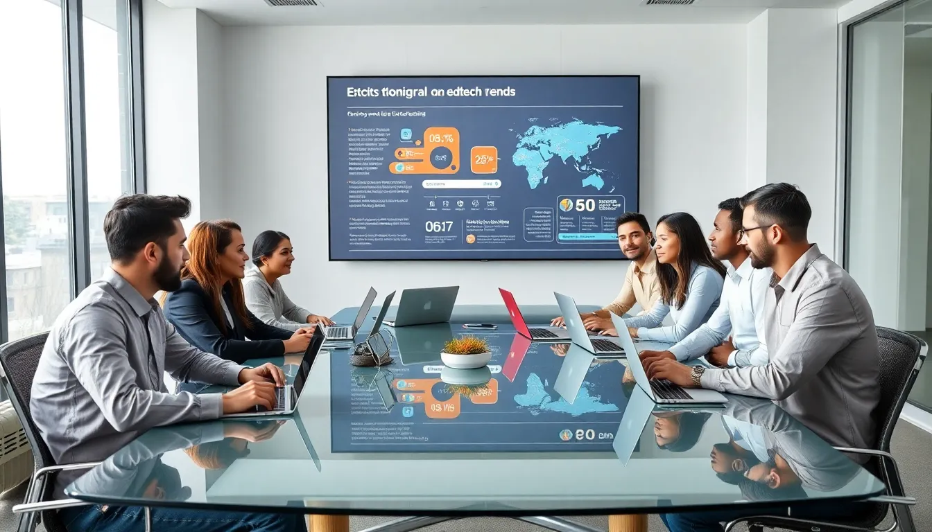diverse marketing team discussing edtech strategies in a modern office.