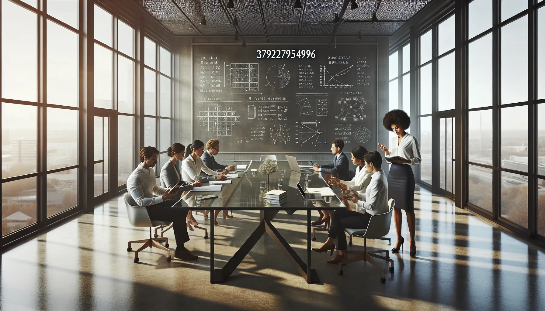 diverse professionals discussing mathematical concepts in a modern office.