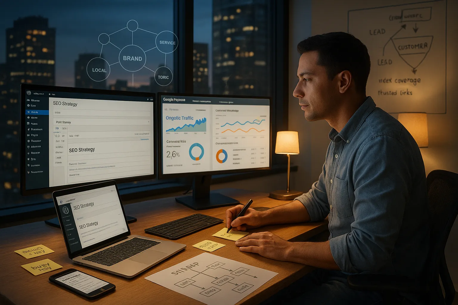 SEO expert optimizing a WordPress site with analytics and mobile preview in a modern office.