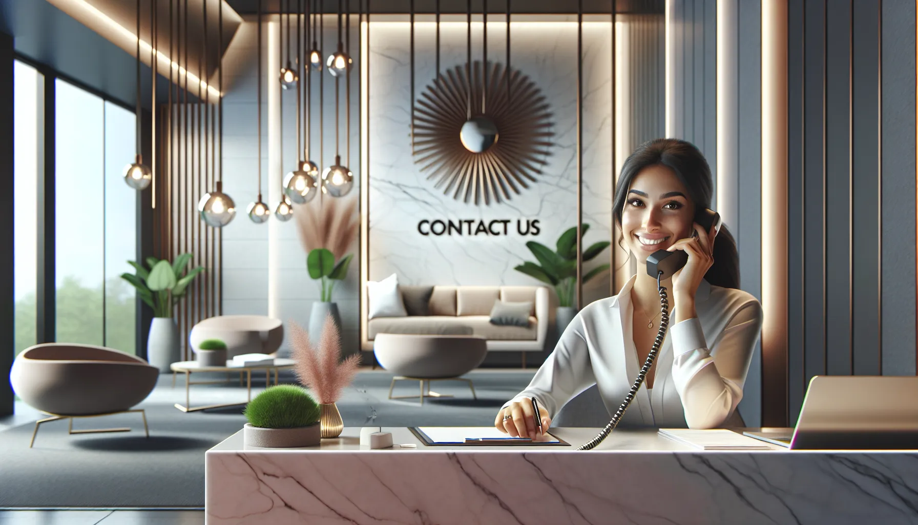 friendly representative talking on the phone in a modern office.