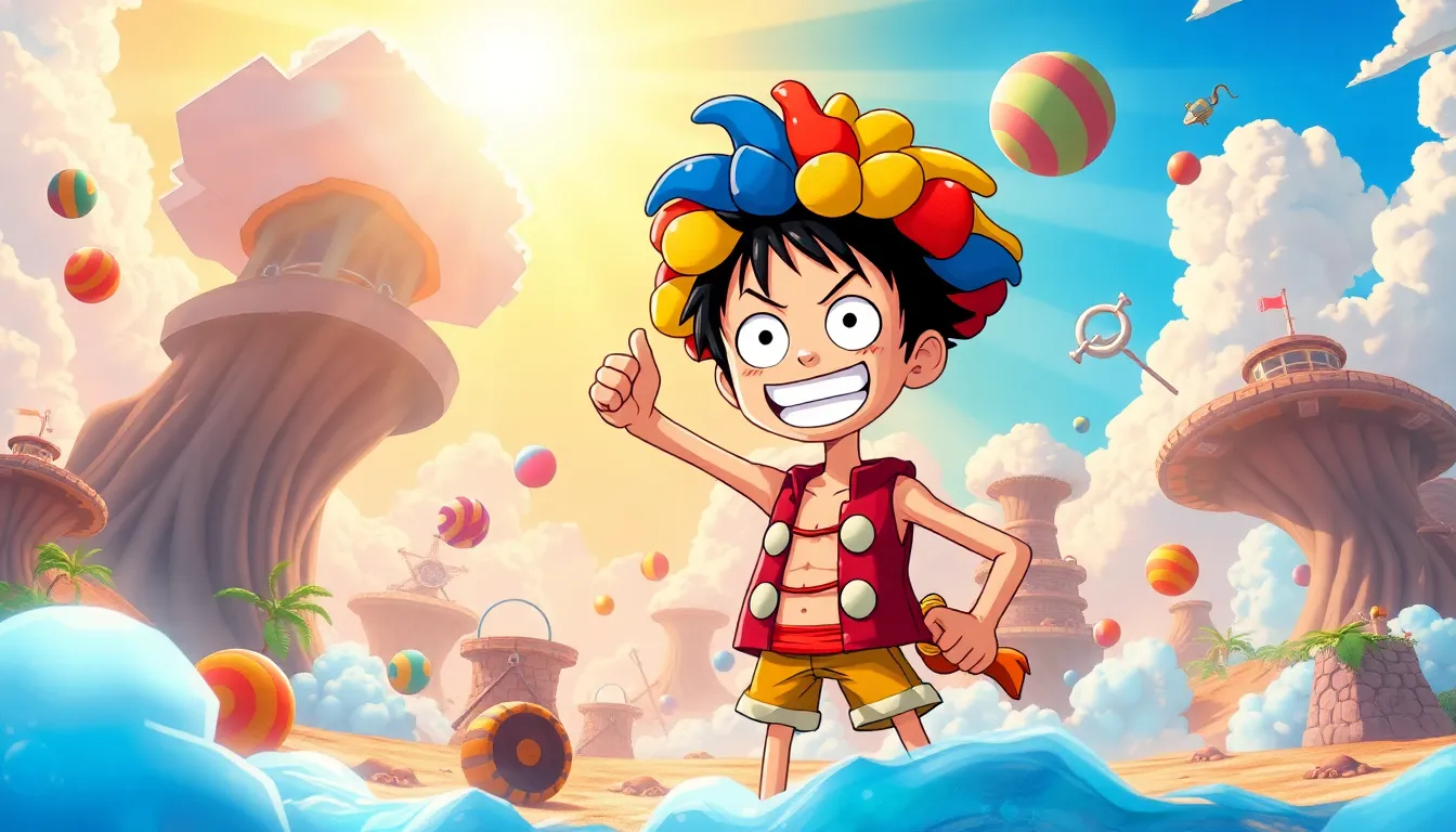Luffy in Gear 5 transformation amid a whimsical, colorful environment.
