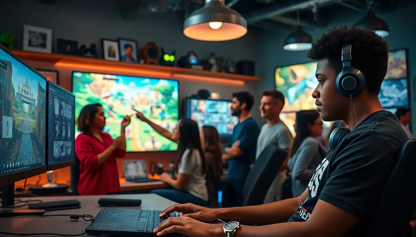 game developers collaborating in a vibrant studio on ImagineerGames projects.