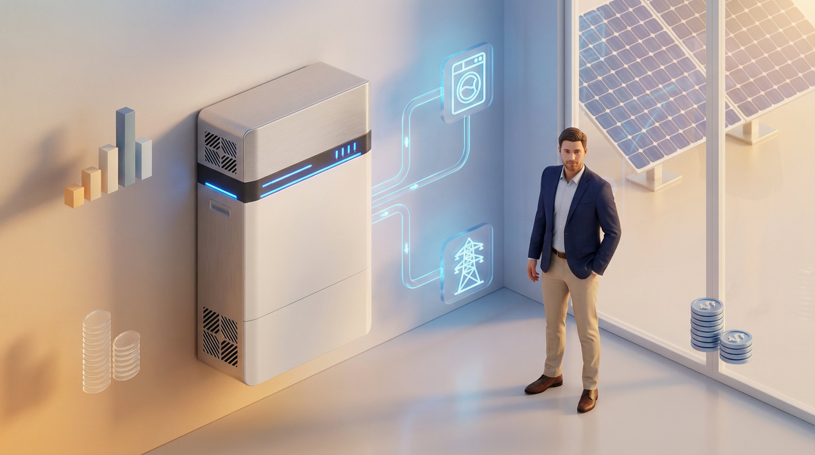 3D render of a modern home energy storage battery system with solar integration.