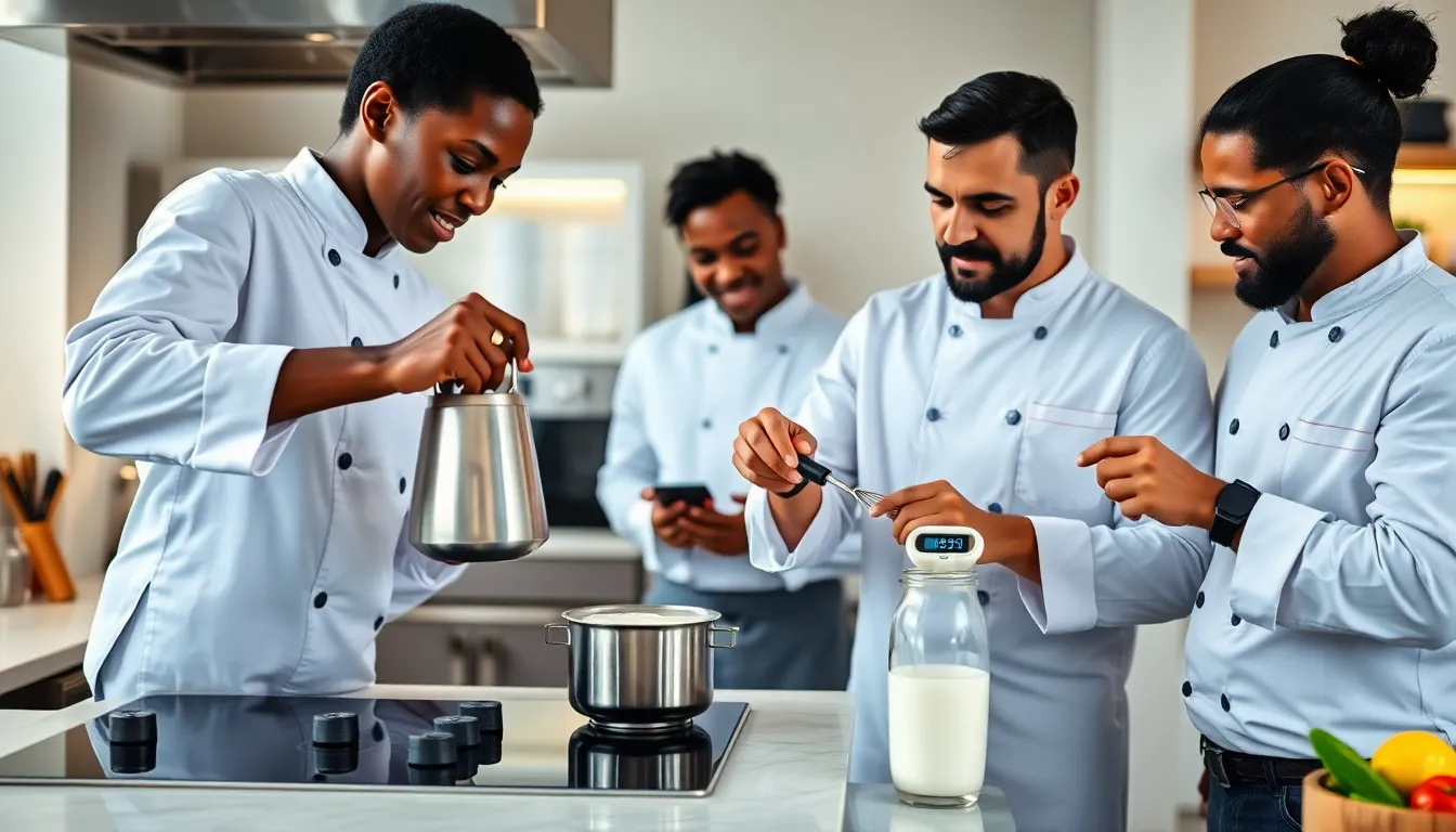 chefs warming up milk in a modern kitchen setting.
