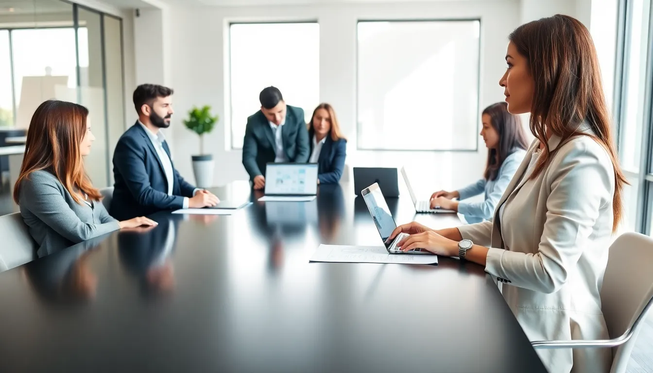 Stacy Klinger leading a diverse team in a modern office.