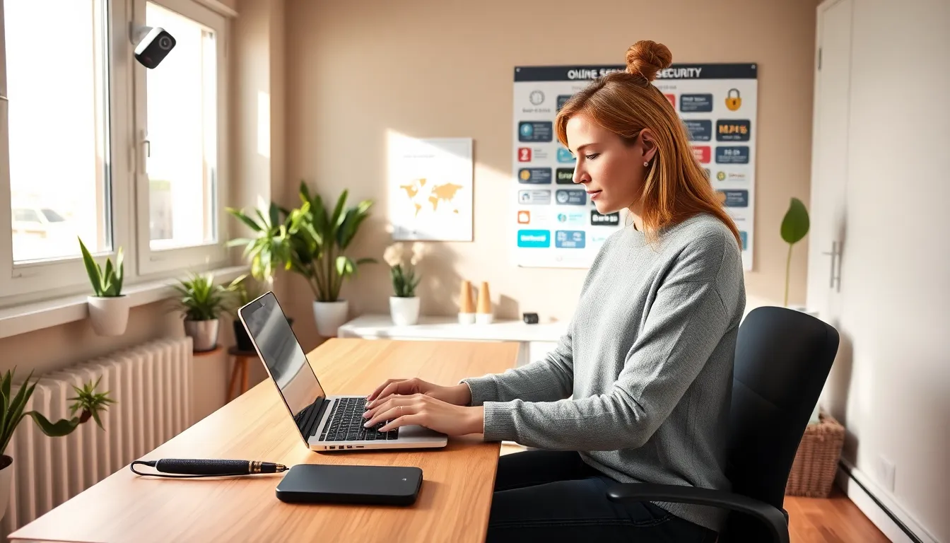A woman working at a desk, focused on online security and digital safety.